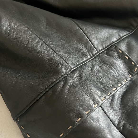 Leather jacket blazer black with white pinstitching kick split hem in back. - Picture 3 of 6